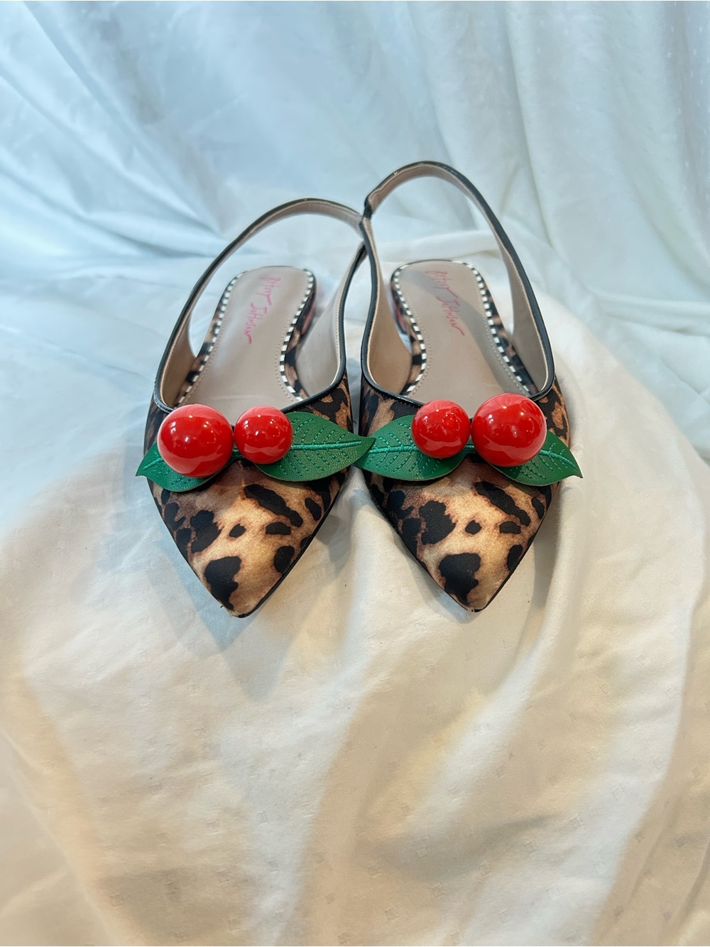 Betsey Johnson Leopard Pointed Slingback Mules with Red Cherry Accent - Picture 2 of 6